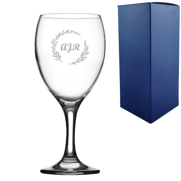 Engraved 12oz Imperial wine glass with wreath design - any Initials