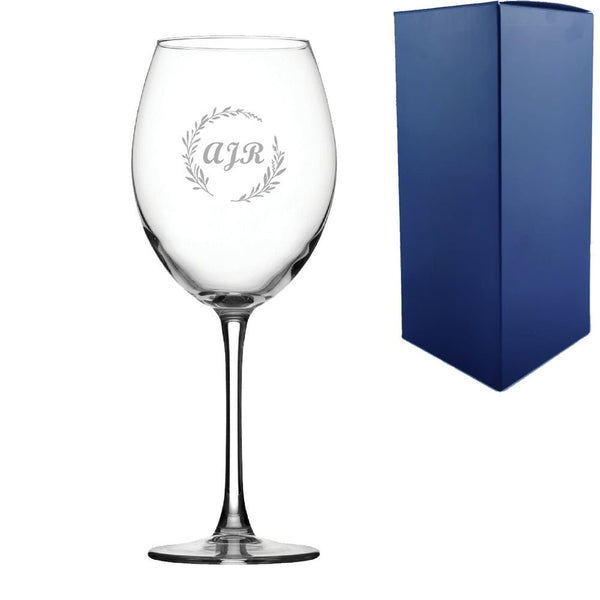 Engraved 19oz Enoteca wine glass with wreath design - any Initials