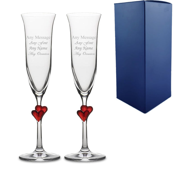 Engraved 2 LAmour Red Heart Champagne Flutes With Gift Box
