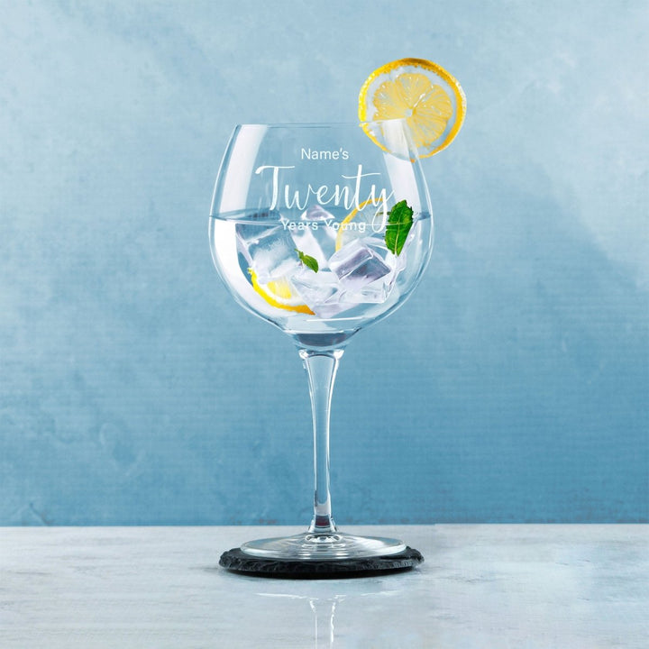 Engraved 20th Birthday Primeur Gin Glass Years Young Delicate Font