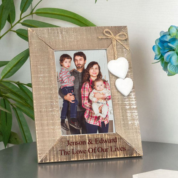 Engraved 4x6" Wooden Picture Frame Natural with White Hearts