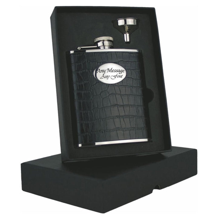 Engraved 6oz Black Faux Crocodile Hip Flask with Funnel