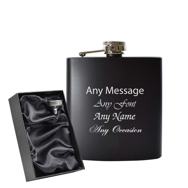 Engraved 6oz Black Hip flask - Any Name, Message, Font - black satin gift box