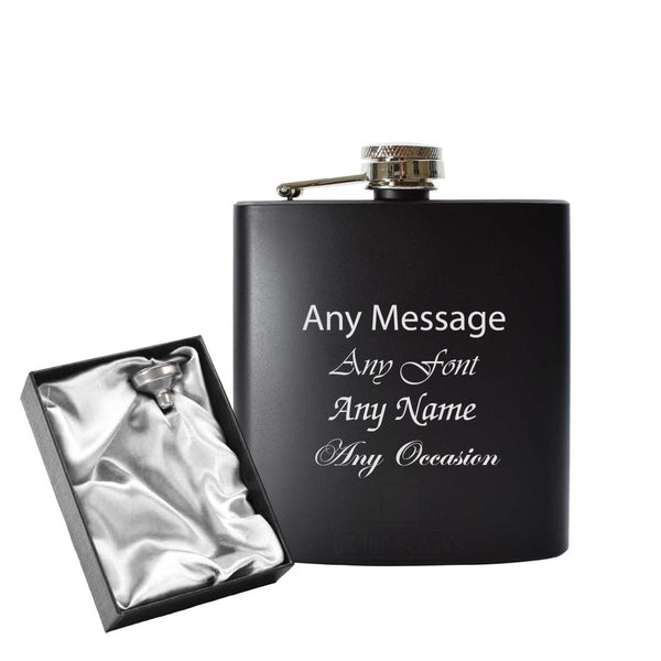 Engraved 6oz Black Hip flask - Any Name, Message, Font - silver satin gift box