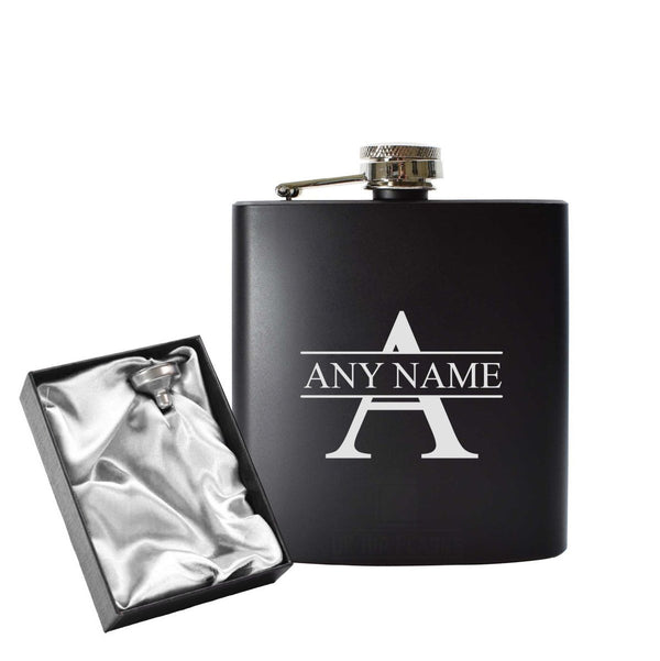 Engraved 6oz Black Hip flask with Any Name and Initial