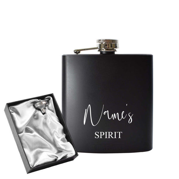 Engraved 6oz Black Hip flask with any Name and Spirit