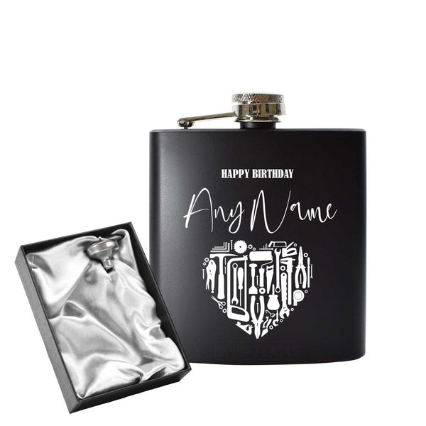 Engraved 6oz Black Hip flask with Birthday Tool heart