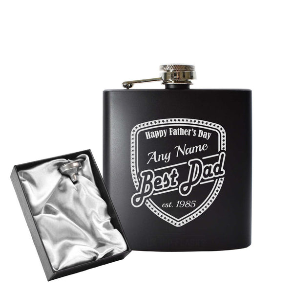 Engraved 6oz Black Hip flask with Fathers day shield