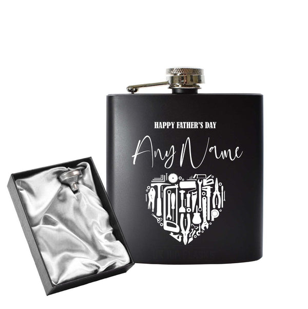 Engraved 6oz Black Hip flask with Fathers day Tool Heart