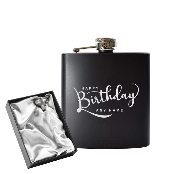 Engraved 6oz Black Hip flask with Happy Birthday design