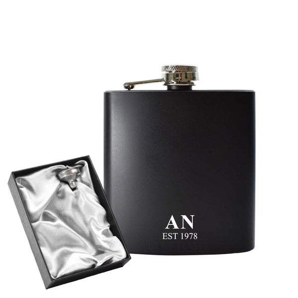 Engraved 6oz Black Hip flask with Initials and Date