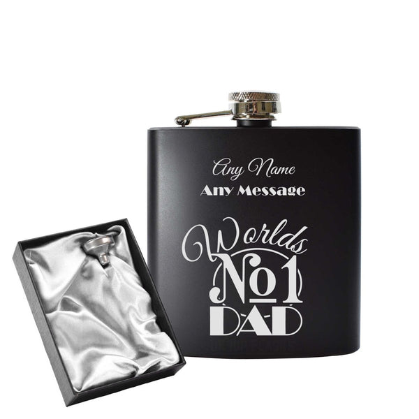 Engraved 6oz Black Hip flask with Worlds No1 Dad