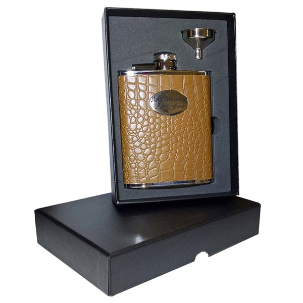Engraved 6oz Brown Faux Crocodile Hip Flask with Funnel