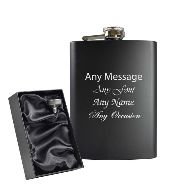 Engraved 8oz Black Hip flask - Any Name, Message, Font - black satin gift box
