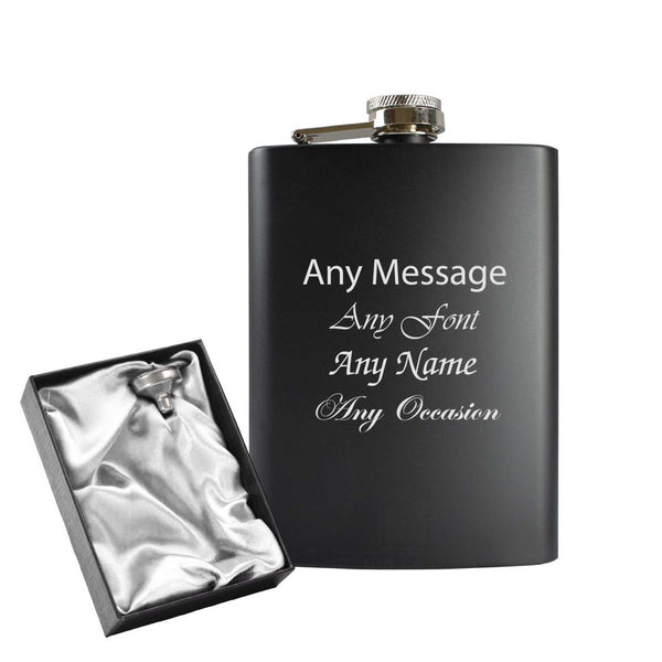 Engraved 8oz Black Hip flask - Any Name, Message, Font - silver satin gift box