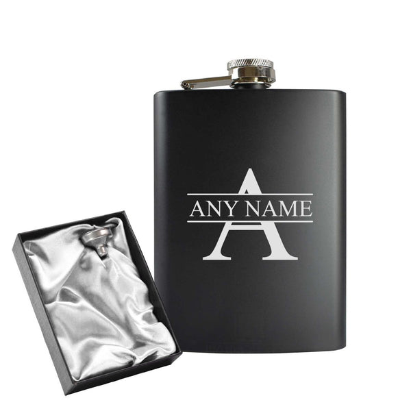 Engraved 8oz Black Hip flask with Any Name and Initial