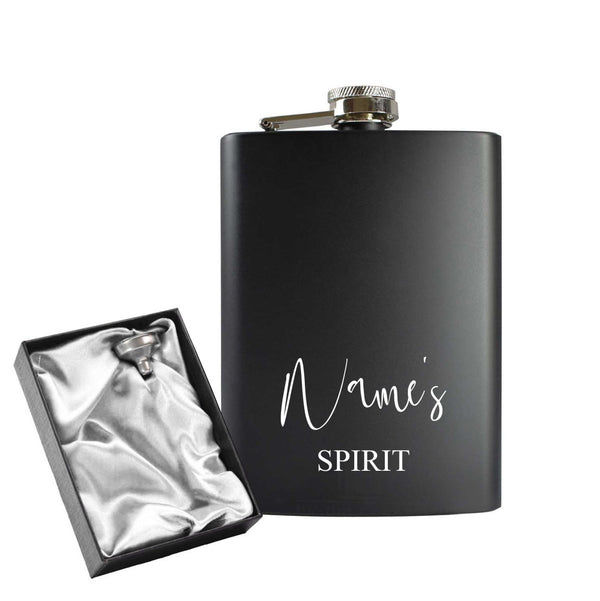 Engraved 8oz Black Hip flask with Any Name and Spirit