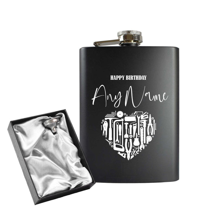 Engraved 8oz Black Hip flask with Birthday Tool heart