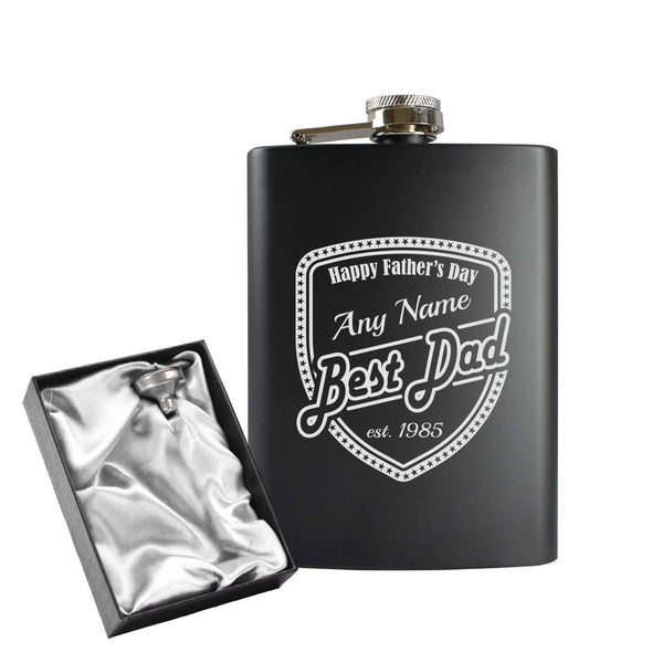 Engraved 8oz Black Hip flask with Fathers day shield