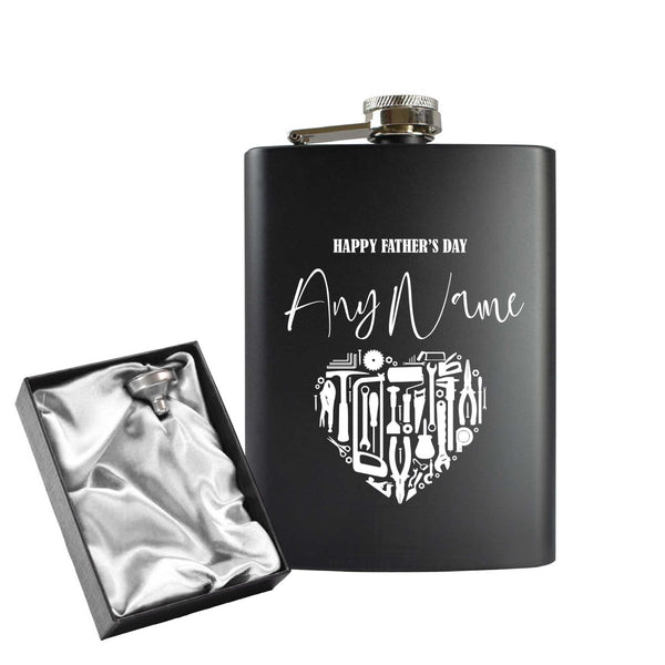 Engraved 8oz Black Hip flask with Fathers day Tool Heart