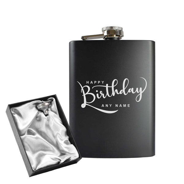 Engraved 8oz Black Hip flask with Happy Birthday design