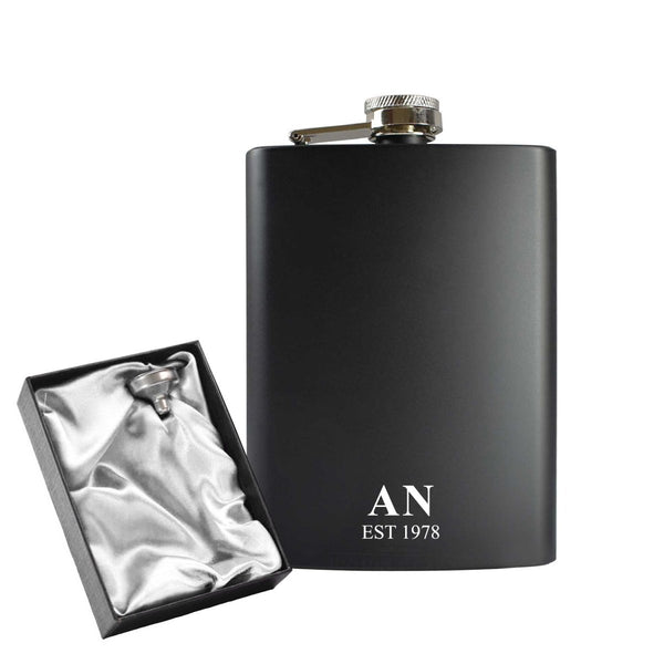 Engraved 8oz Black Hip flask with Initials and Date