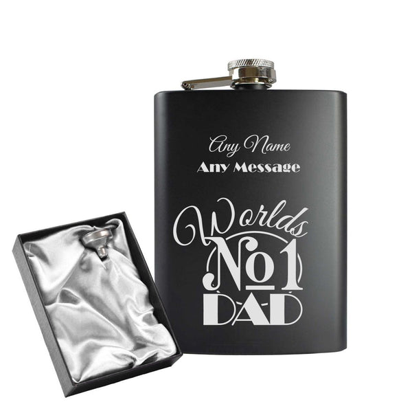Engraved 8oz Black Hip flask with Worlds No1 Dad