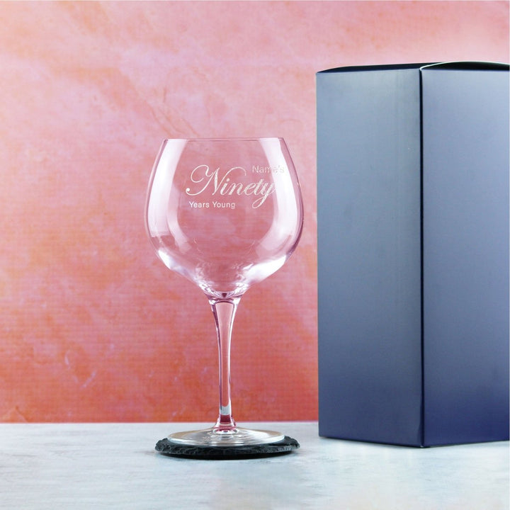 Engraved 90th Birthday Primeur Gin Glass Years Young Curly Font