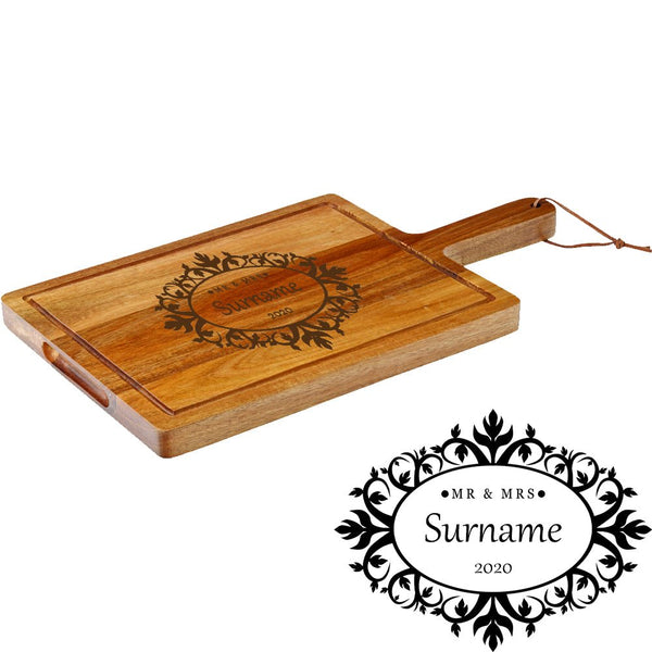 Engraved Acacia Wood Cheeseboard with Mr and Mrs Design