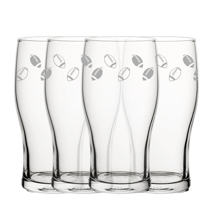 Engraved American Football Pattern Pint Glass Set of 4, 20oz Tulip Glasses