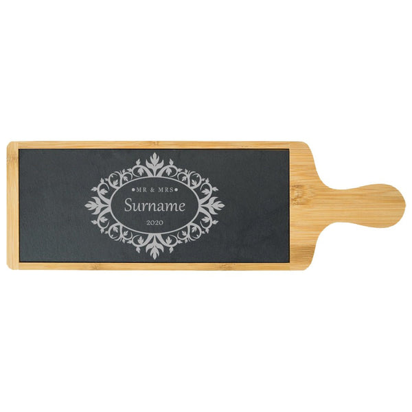 Engraved Bamboo and Slate Cheeseboard with Mr and Mrs Design