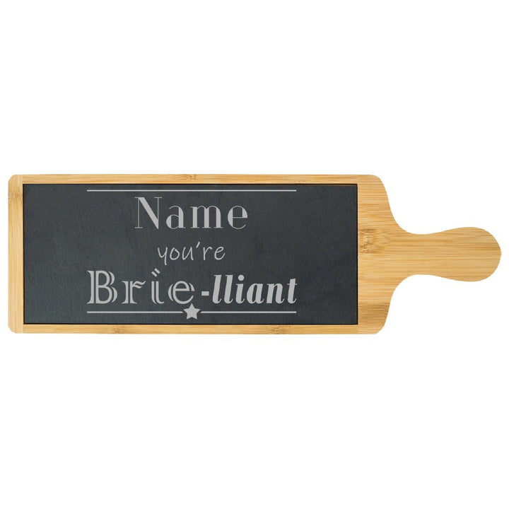 Engraved Bamboo and Slate Cheeseboard with Name you're Brie-lliant Design
