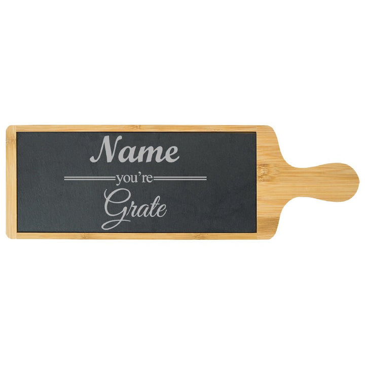 Engraved Bamboo and Slate Cheeseboard with Name you're Grate Design