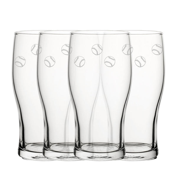 Engraved Baseball Pattern Pint Glass Set of 4, 20oz Tulip Glasses