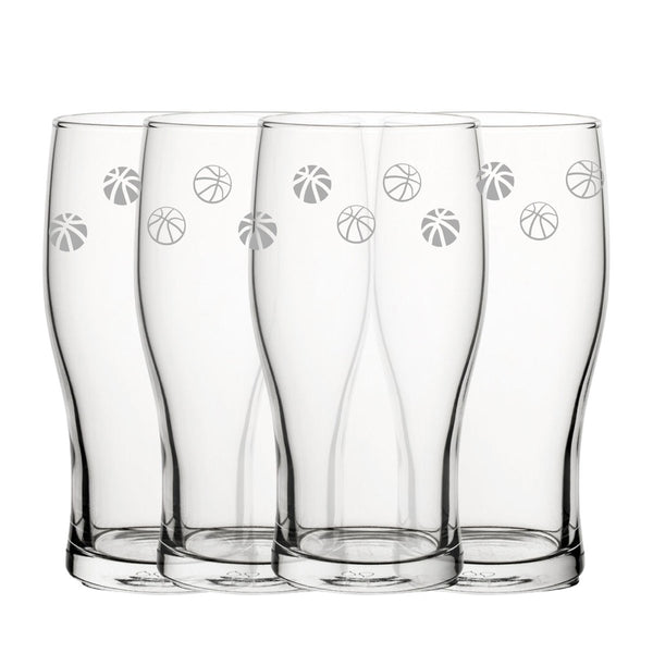 Engraved Basketball Pattern Pint Glass Set of 4, 20oz Tulip Glasses