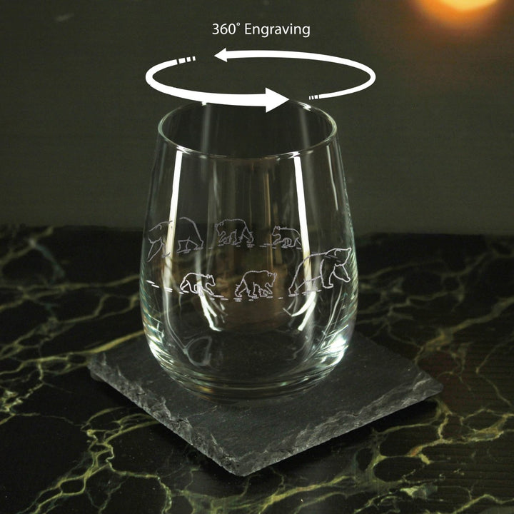 Engraved Bear Pattern Set of 4 Gaia Stemless Wine 12oz Glasses
