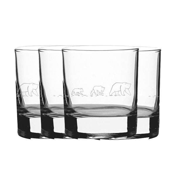 Engraved Bear Pattern Set of 4 Whiskey 11.5oz Glasses