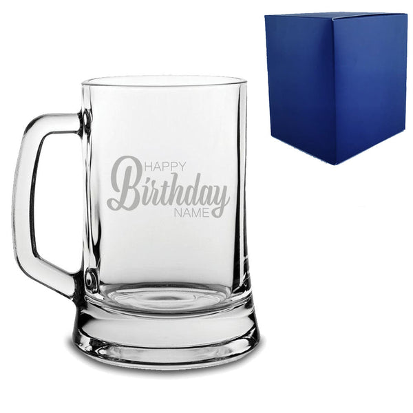 Engraved Beer Mug Tankard with Happy Birthday Name Design