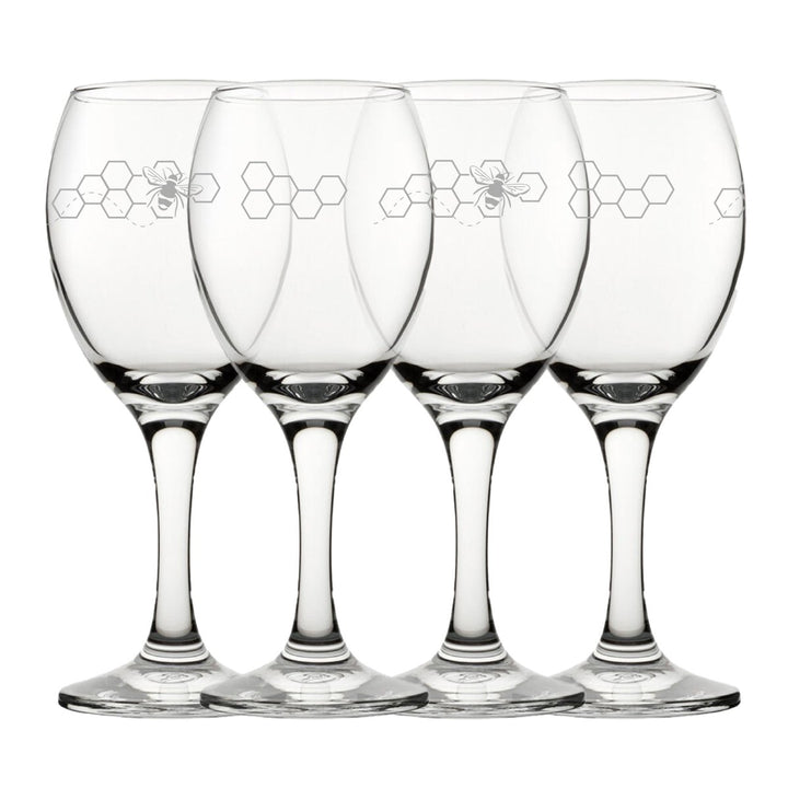 Engraved Bees Pattern Pure Wine Set of 4 11oz Glasses