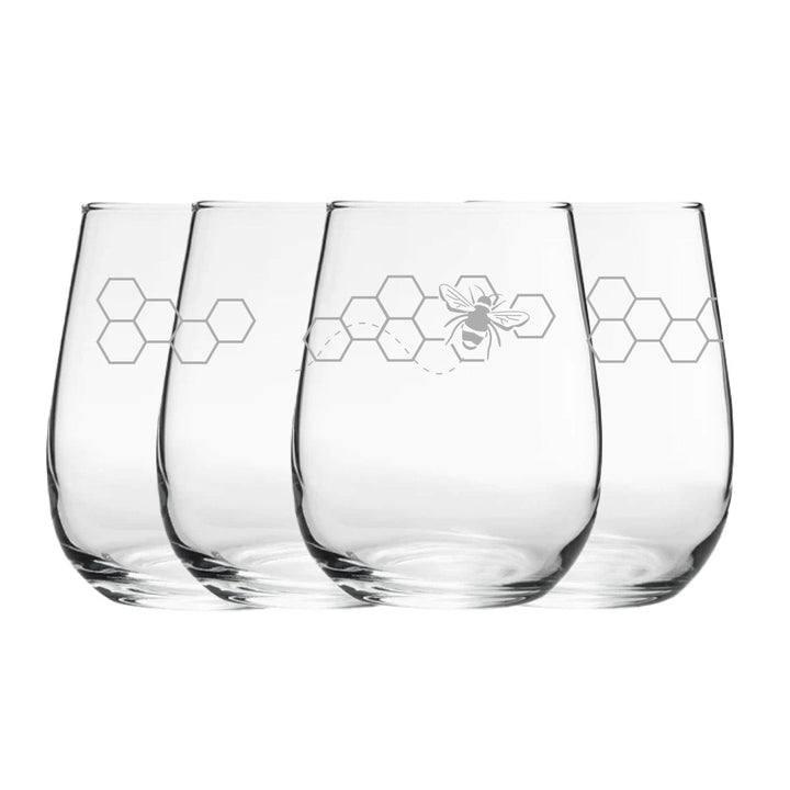 Engraved Bees Pattern Set of 4 Gaia Stemless Wine 12oz Glasses
