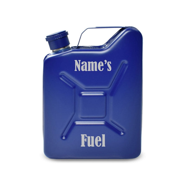 Engraved Blue Jerry Can Hip Flask with Fuel Design