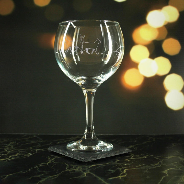 Engraved Cat Pattern Gin Balloon Set of 4 22.5oz Glasses.