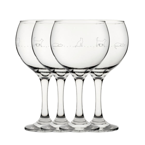 Engraved Cat Pattern Gin Balloon Set of 4 22.5oz Glasses.