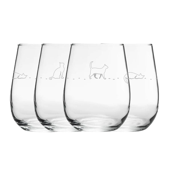 Engraved Cat Pattern Set of 4 Gaia Stemless Wine 12oz Glasses
