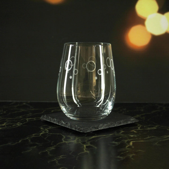 Engraved Circles Pattern Set of 4 Gaia Stemless Wine 12oz Glasses