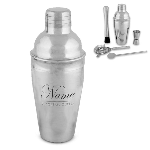 Engraved Cocktail Shaker Set with Cocktail Queen Design