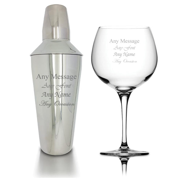 Engraved Cocktail Shaker with Strainer and Juniper Gin Balloon Glass
