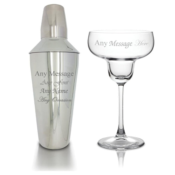 Engraved Cocktail Shaker with Strainer and Margarita Glass