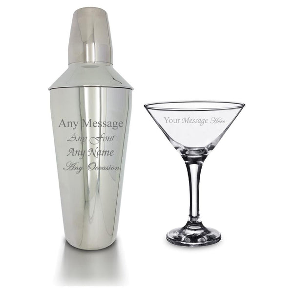 Engraved Cocktail Shaker with Strainer and Martini Glass