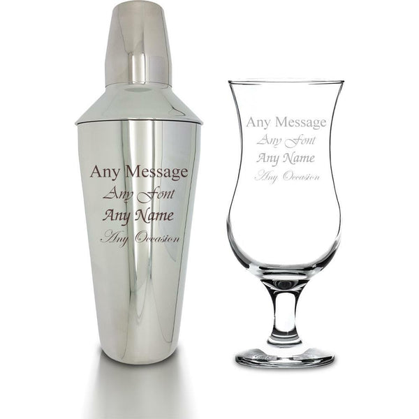 Engraved Cocktail Shaker with Strainer and Pina Colada Glass